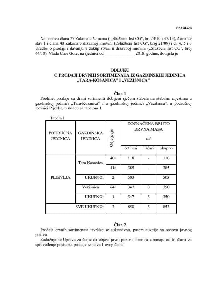 Predlog odluke o prodaji drvnih sortimenata iz gazdinskih jedinica "Tara –Kosanica" i "Vezišnica"