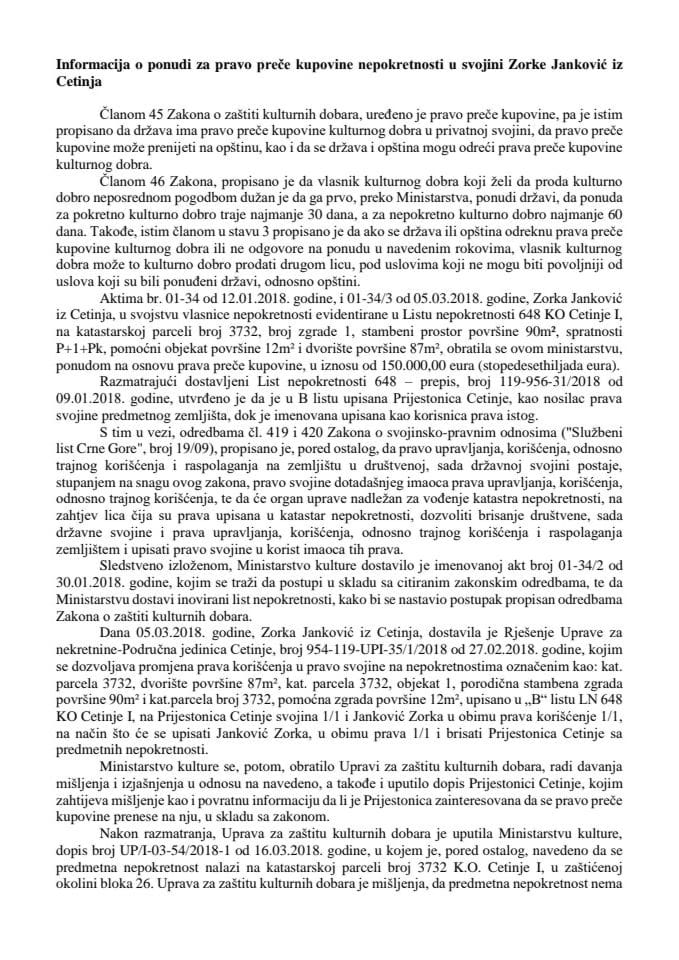 Informacija o ponudi za pravo preče kupovine nepokretnosti u svojini Zorke Janković iz Cetinja (bez rasprave)