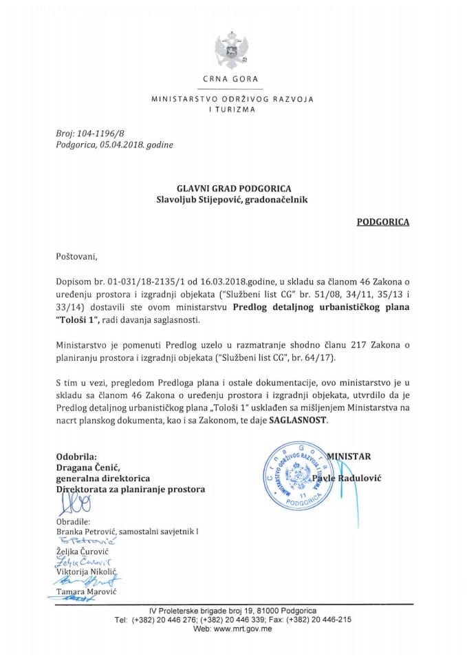 104-1196_8 Saglasnost na Predlog DUP Tološi 1, Glavni grad Podgorica