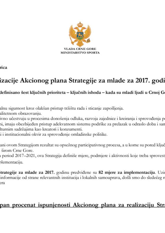 Izvještaj Akcionog plana Strategije za mlade za 2017.godine