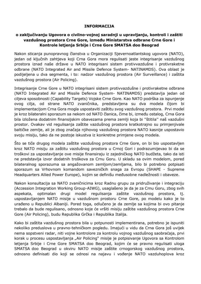 Informacija o zaključivanju Ugovora o civilno-vojnoj saradnji u upravljanju, kontroli i zaštiti vazdušnog prostora Crne Gore, između Ministarstva odbrane Crne Gore i Kontrole letjenja Srbije i Crne Go