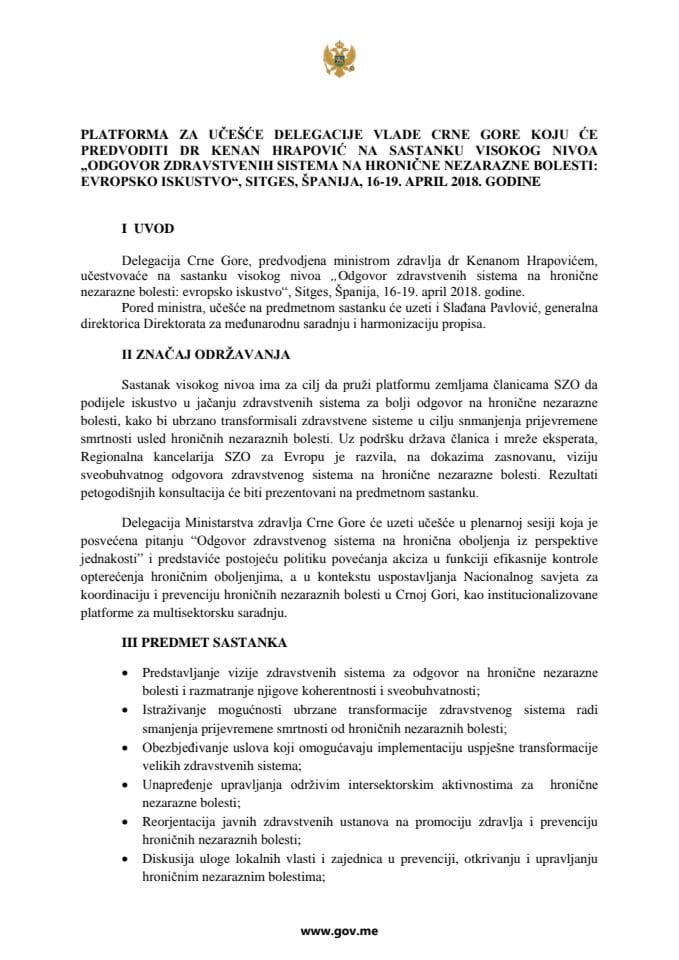 Предлог платформе за учешће делегације Владе Црне Горе коју ће предводити др Кенан Храповић, министар здравља, на састанку високог нивоа "Одговор здравствених система на хроничне незаразне болести: е
