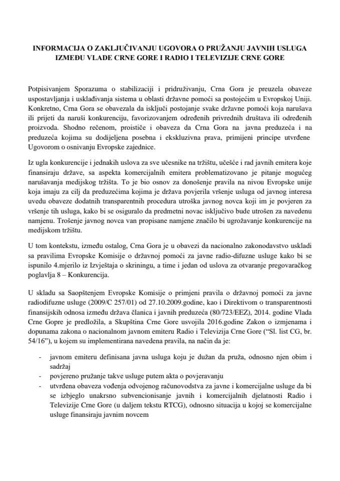 Информација о закључивању Уговора о пружању јавних услуга између Владе Црне Горе и Радио и Телевизије Црне Горе с Предлогом уговора о пружању јавних услуга за период јануар 2018 - децембар 2020. г