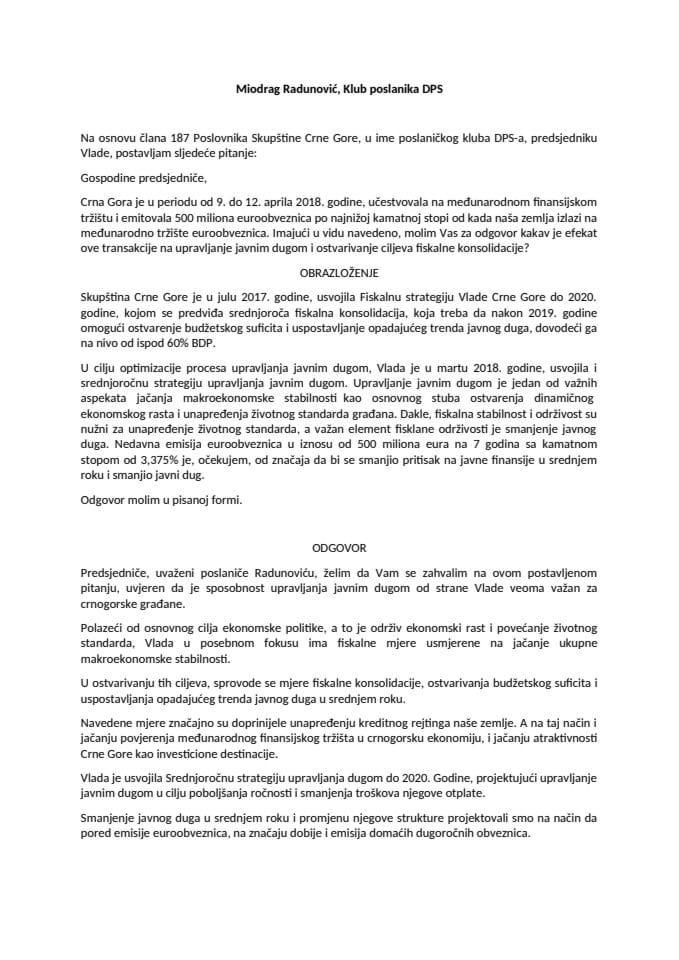 2018 04 25 Integralni tekst pitanja Miodraga Radunovića, predsjednika Kluba poslanika DPS-a i odgovora predsjednika Markovića