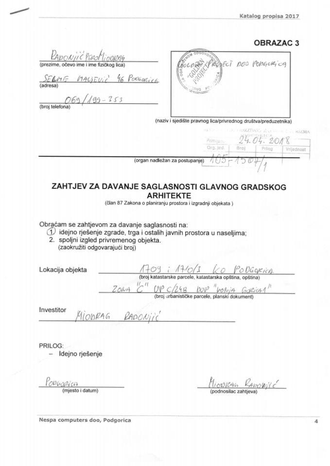 24.04.2018. Zahtjev - Miodrag Radonjić - Podgorica