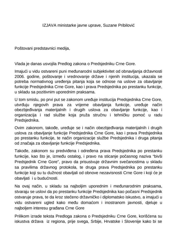 IZJAVA ministarka javne uprave, Suzane Pribilović -Predlog zakona o Predsjedniku Crne Gore 