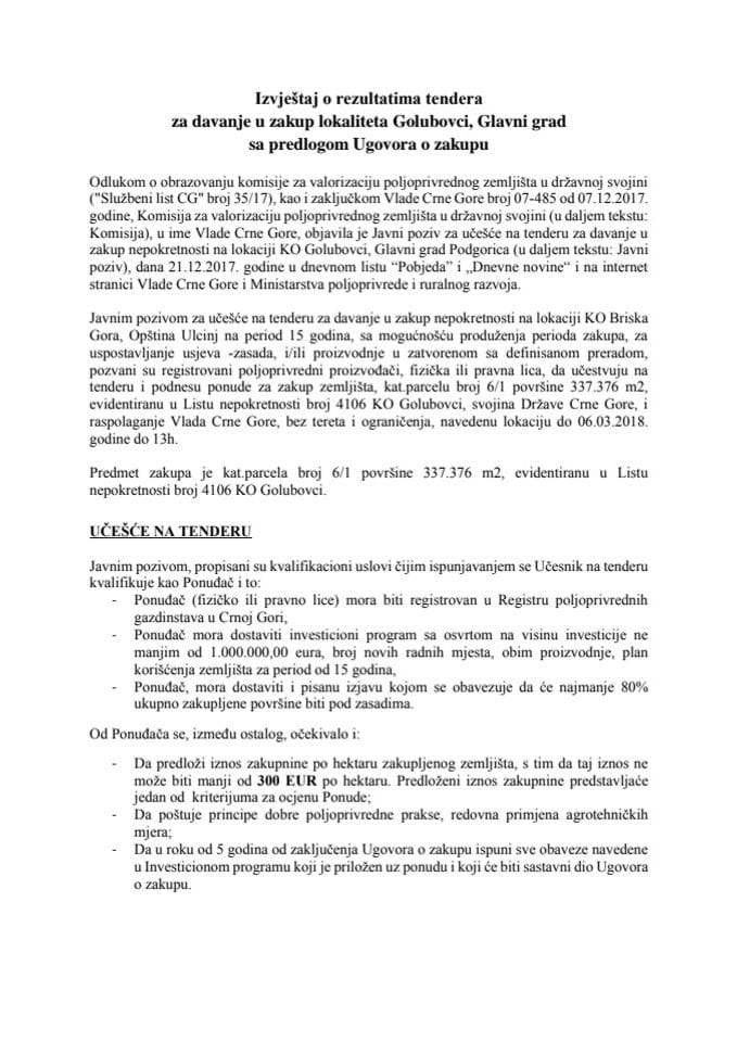 Izvještaj o rezultatima tendera za davanje u zakup lokaliteta Golubovci, Glavni grad Podgorica s Predlogom ugovora o zakupu