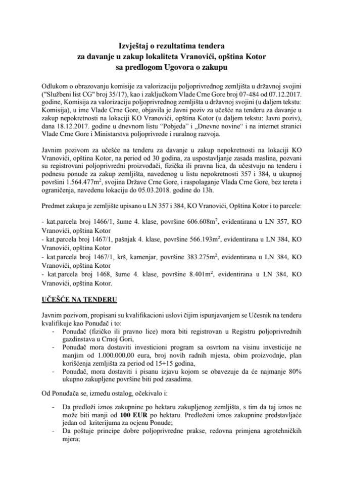 Izvještaj o rezultatima tendera za davanje u zakup lokaliteta Vranovići, Opština Kotor s Predlogom ugovora o zakupu
