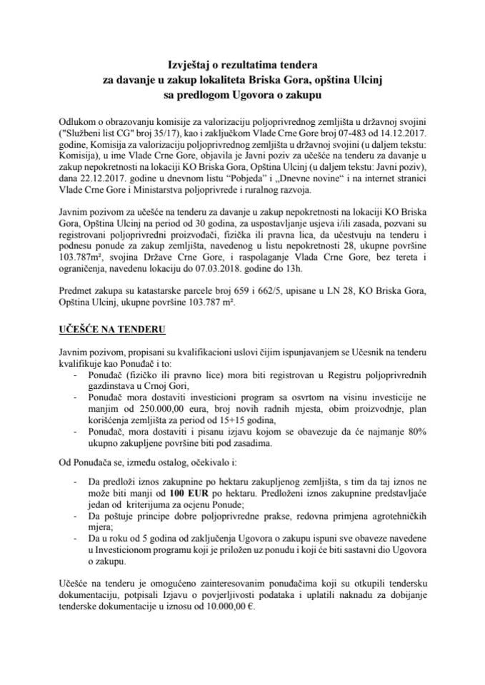 Izvještaj o rezultatima tendera za davanje u zakup lokaliteta Briska Gora, Opština Ulcinj s Predlogom ugovora o zakupu