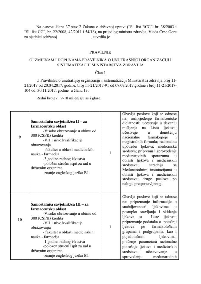 Predlog pravilnika o izmjenama i dopunama Pravilnika o unutrašnjoj organizaciji i sistematizaciji Ministarstva zdravlja (bez rasprave) 