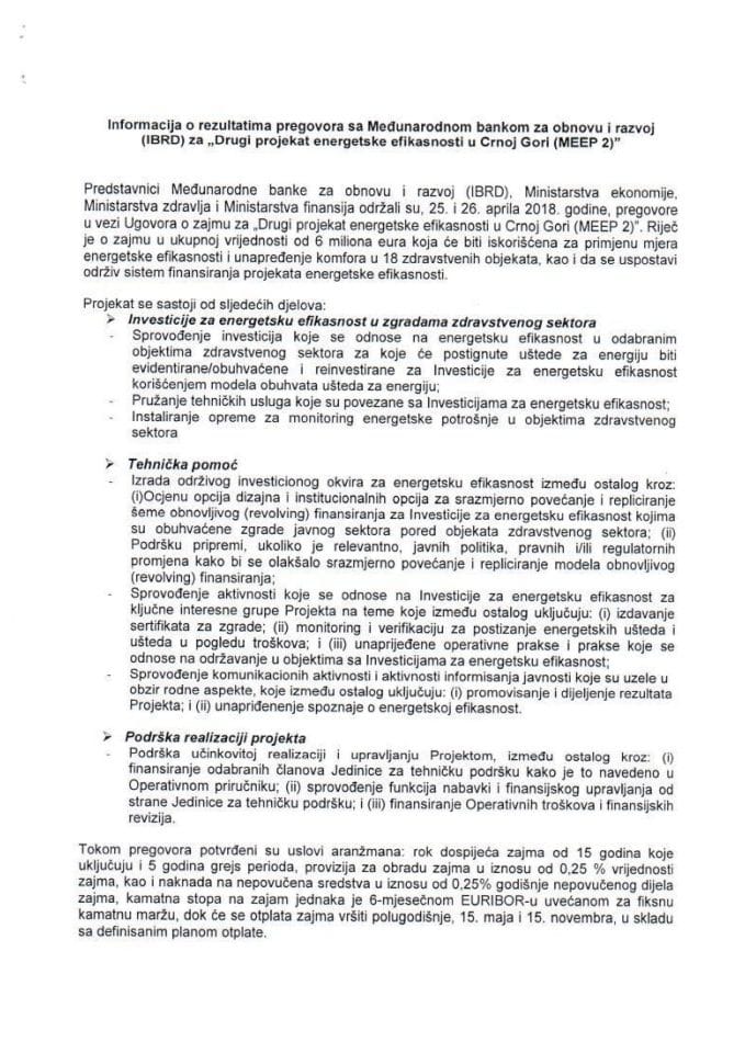 Informacija o rezultatima pregovora sa Međunarodnom bankom za obnovu i razvoj (IBRD) za "Drugi projekat energetske efikasnosti u Crnoj Gori (MEEP 2)" s Predlogom ugovora o zajmu