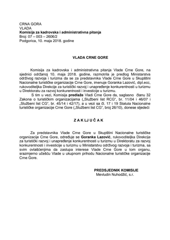 Предлог закључка о одређивању представника Владе Црне Горе у Скупштини Националне туристичке организације Црне Горе