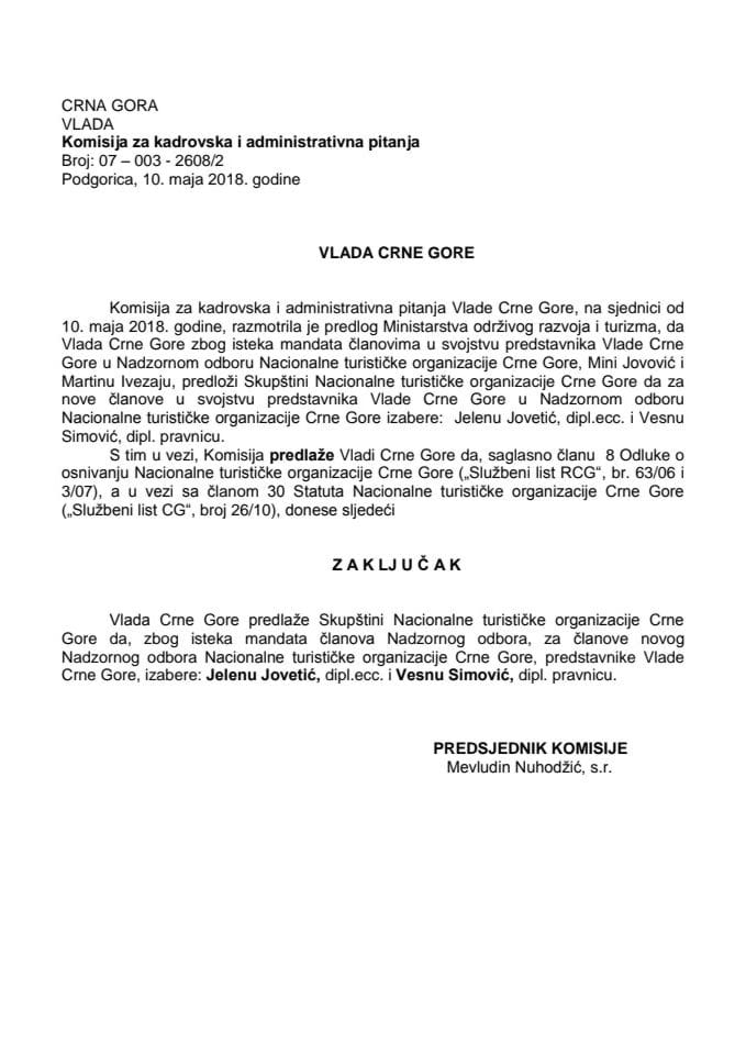 Predlog zaključka o izboru članova Nadzornog odbora Nacionalne turističke organizacije Crne Gore 