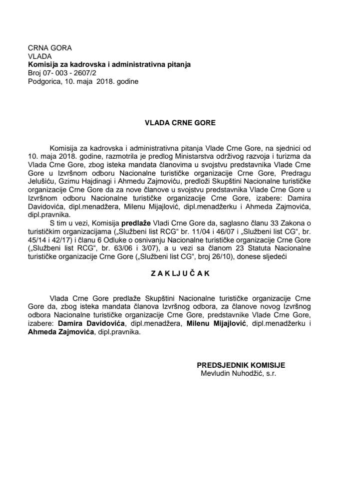 Predlog zaključka o izboru članova Izvršnog odbora Nacionalne turističke organizacije Crne Gore 