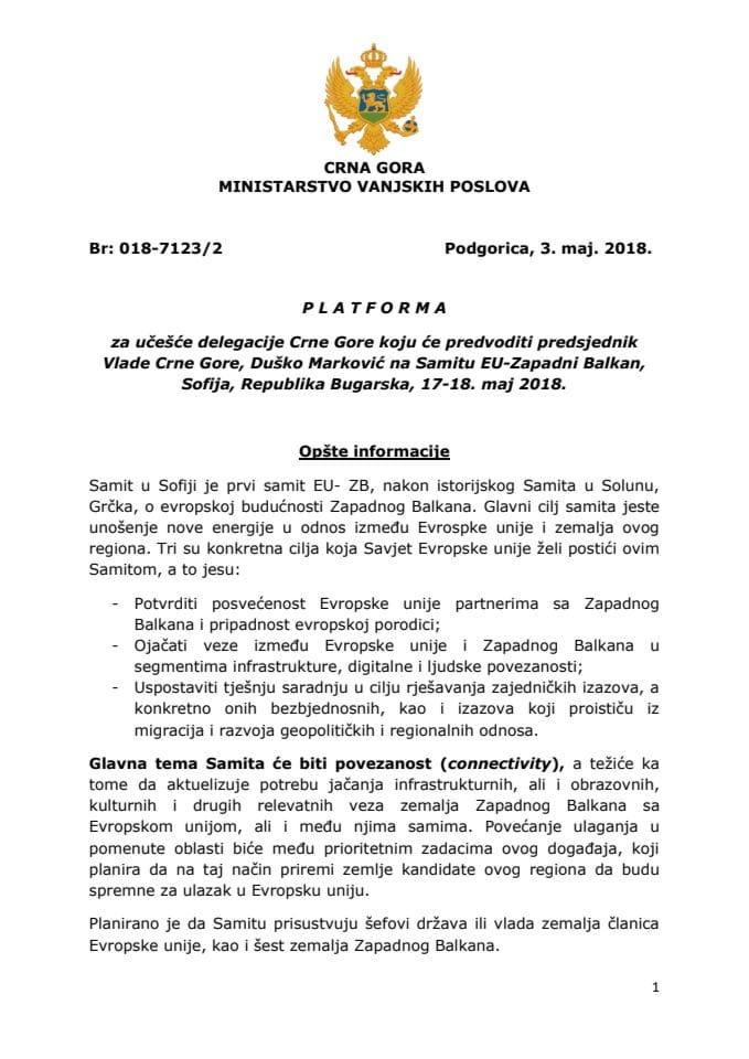 Predlog platforme za učešće delegacije Crne Gore koju će predvoditi predsjednik Vlade Duško Marković na Samitu EU-Zapadni Balkan, Sofija, Republika Bugarska, 17. i 18. maja 2018. godine 