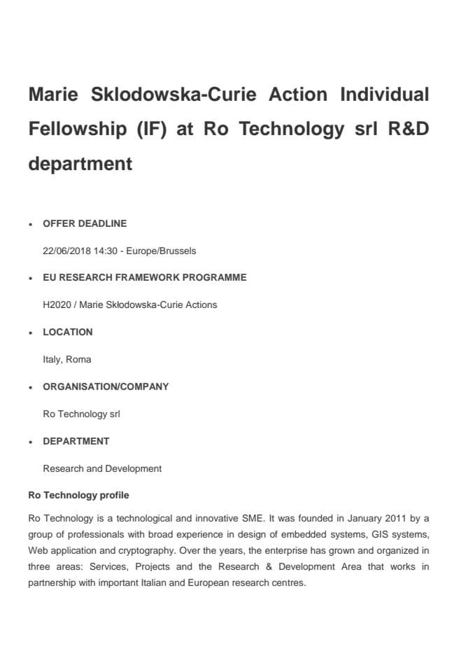 MSCA-IF at Ro Technology RD department_Euraxess publication