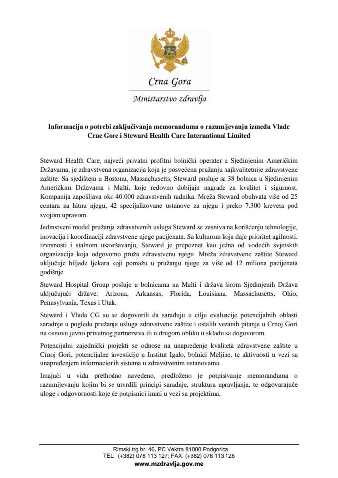 Informacija o potrebi zaključivanja memoranduma o razumijevanju između Vlade Crne Gore i kompanije Steward Health Care International Limited s Predlogom memoranduma (bez rasprave) 
