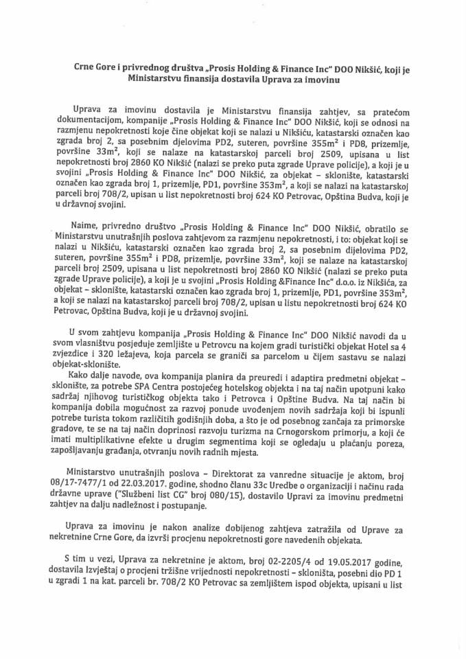 Predlog za davanje saglasnosti za razmjenu nepokretnosti između Države Crne Gore i privrednog društva "Prosis Holding & Finance Inc" DOO Nikšić (bez rasprave) 