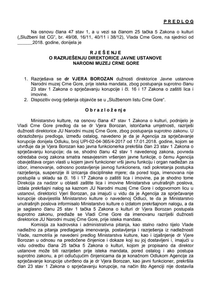 Predlog rješenja o razrješenju direktorice Javne ustanove Narodni muzej Crne Gore