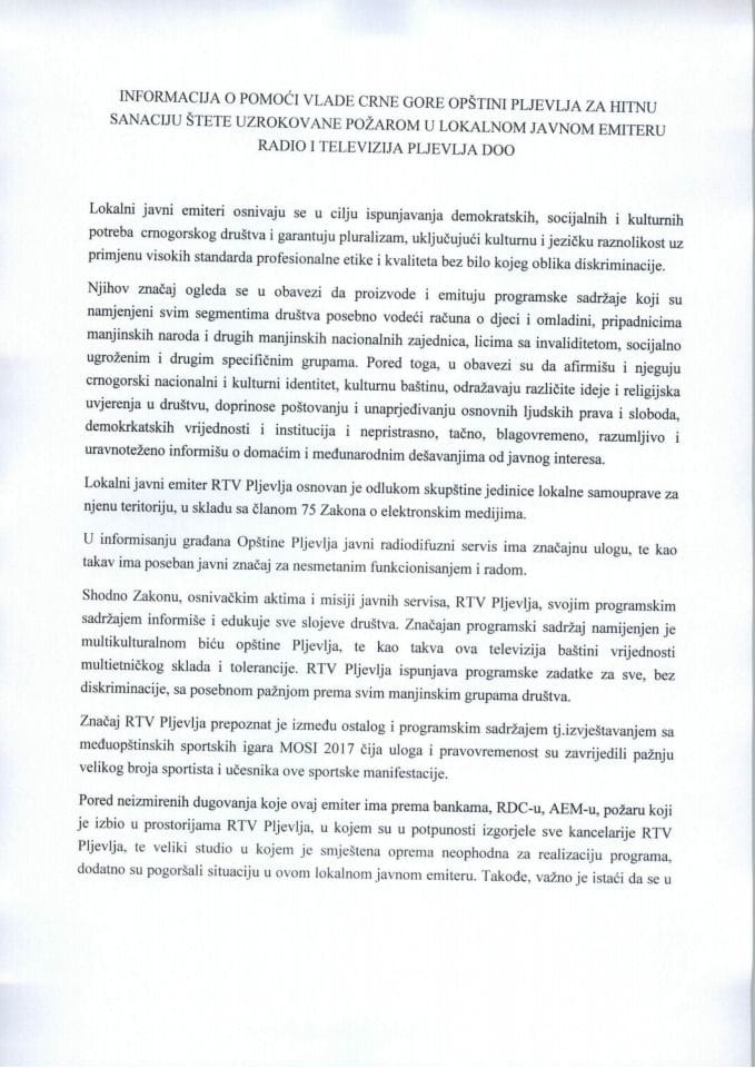 Informacija o pomoći Vlade Crne Gore Opštini Pljevlja za hitnu sanaciju štete uzrokovane požarom u lokalnom javnom emiteru Radio i televizija Pljevlja doo 