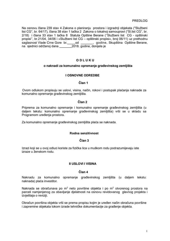 Predlog odluke o naknadi za komunalno opremanje građevinskog zemljišta Opštine Berane