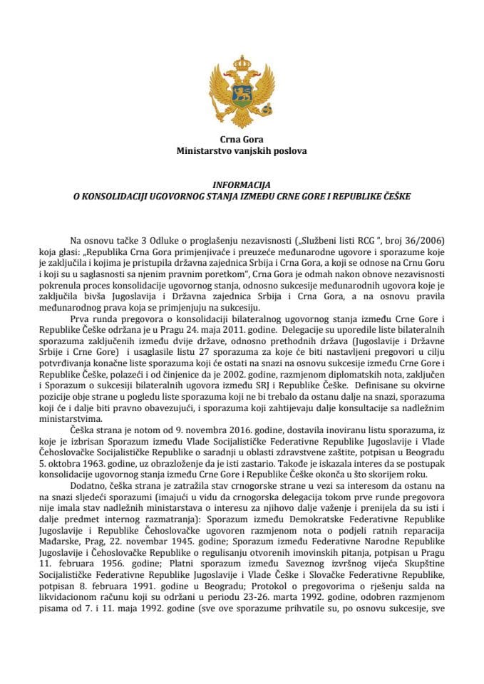 Информација о консолидацији уговорног стања између Црне Горе и Републике Чешке 