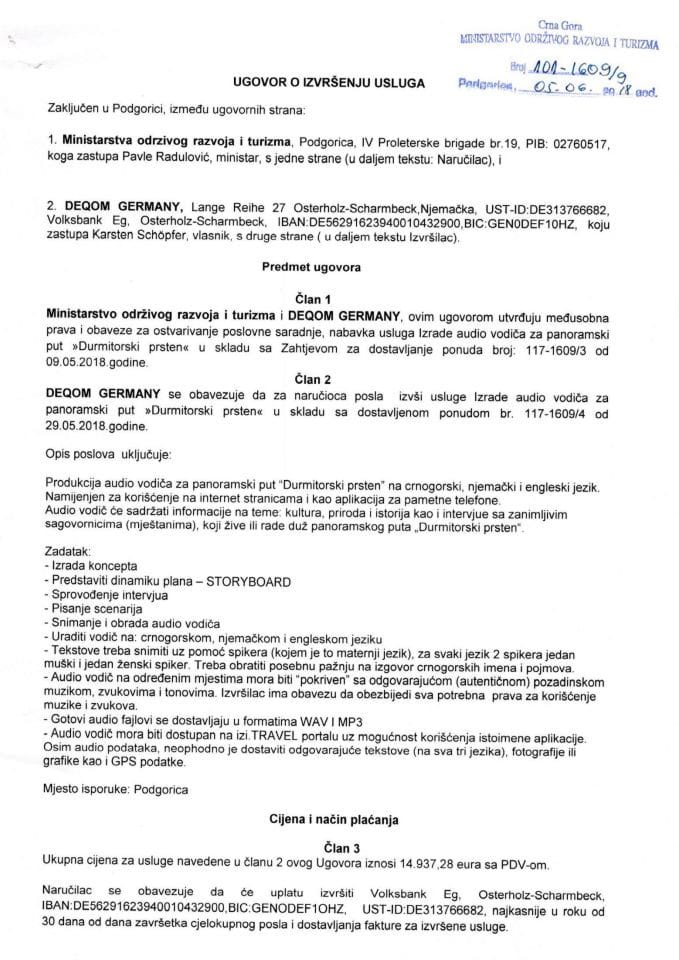 05.06.2018. Ugovor za nabavku usluga izrade audio vodiča za panoramski put "Durmitorski prsten"