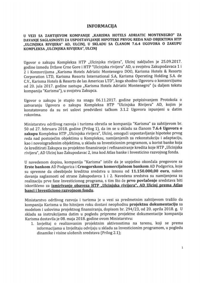 Informacija u vezi sa Zahtjevom kompanije "Karisma Hotels Adriatic Montenegro" za davanje saglasnosti za uspostavljanje hipoteke prvog reda nad objektima HTP "Ulcinjska rivijera" AD, Ulcinj, u skladu 