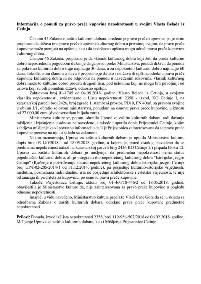 Информација о понуди за право прече куповине непокретности у својини Власта Беладе, из Цетиња (без расправе)
