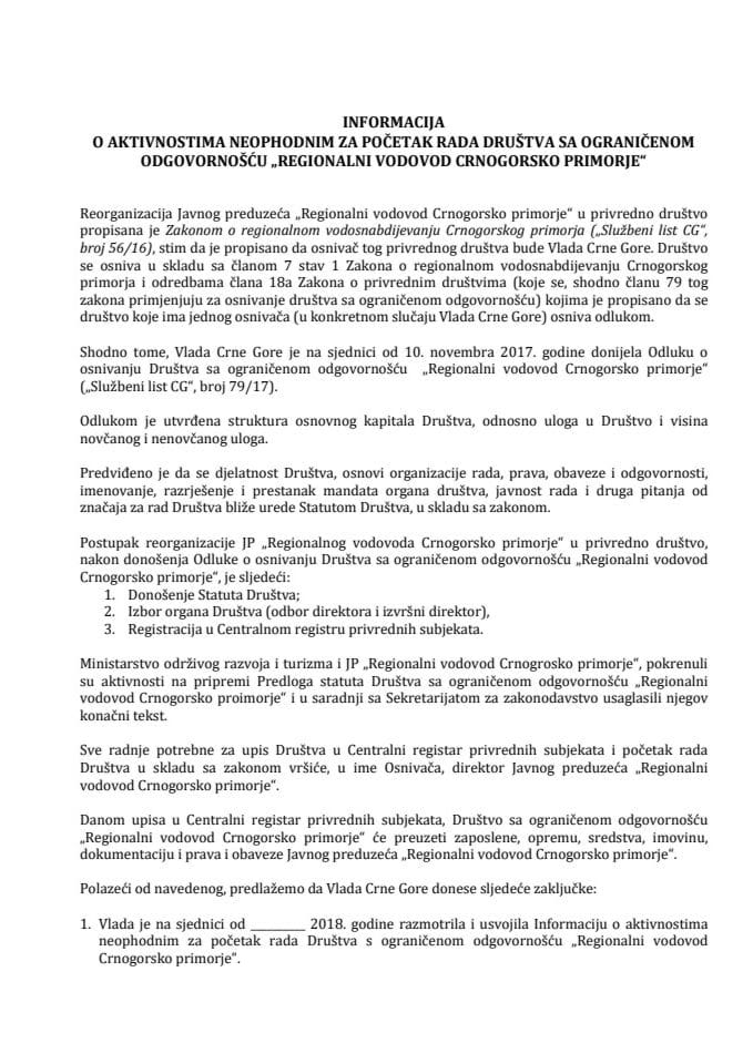 Informacija o aktivnostima neophodnim za početak rada Društva sa ograničenom odgovornošću "Regionalni vodovod Crnogorsko primorje" s Predlogom statuta