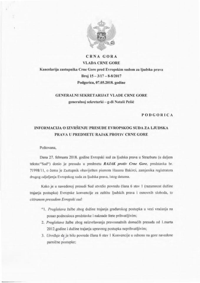 Информација о извршењу пресуде Европског суда за људска права у Стразбуру у предмету Рајак против Црне Горе (без расправе)