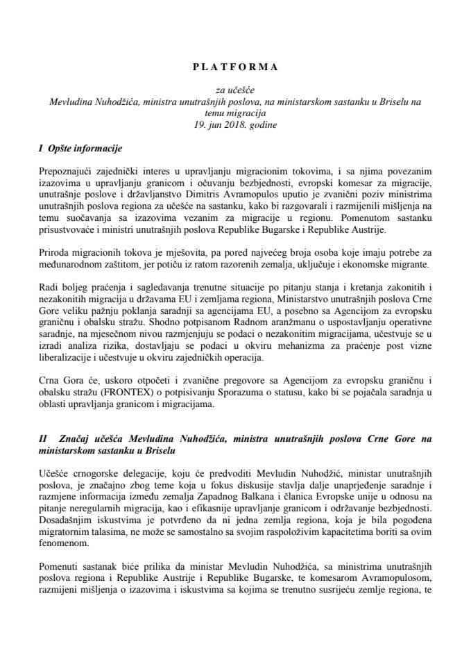 Predlog platforme za učešće Mevludina Nuhodžića, ministra unutrašnjih poslova, na ministarskom sastanku u Briselu na temu migracija, 19. juna 2018. godine