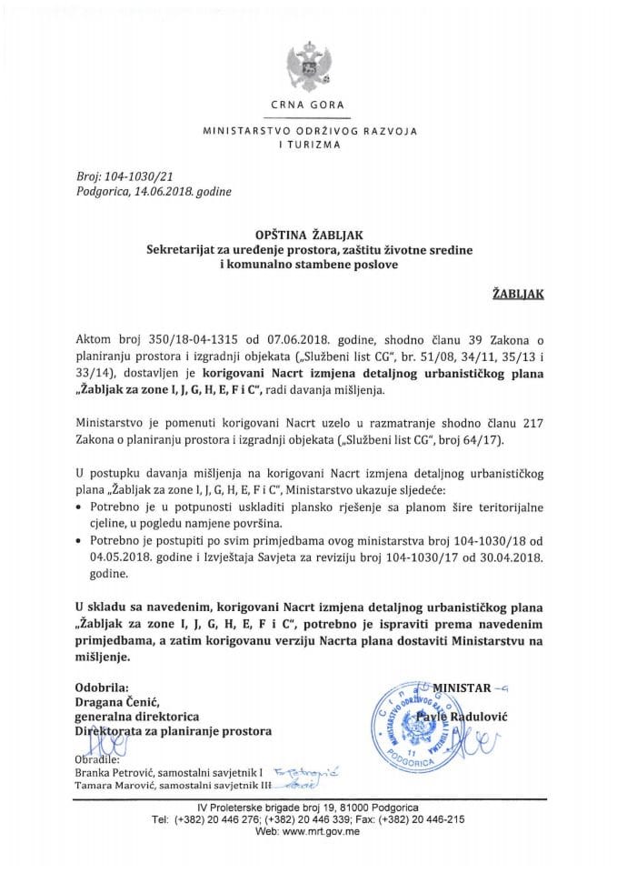 104-1030_21 Misljenje na korigovani Nacrt izmjena DUP-a Žabljak za zone I,J,G,H,E,F i C, Opština Žabljak