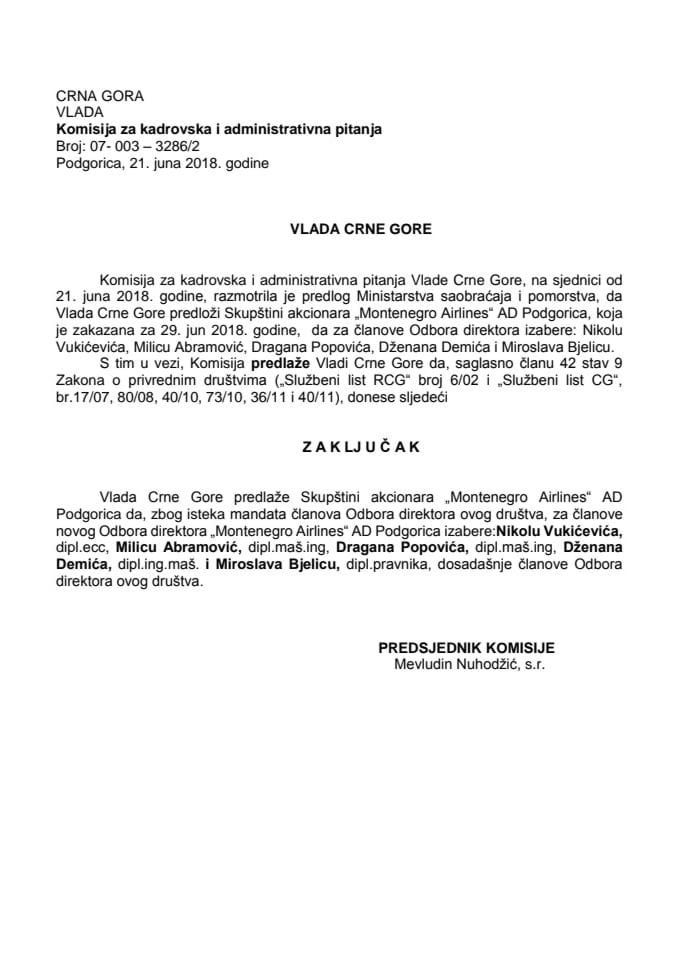 Предлог закључка о избору чланова Одбора директора "Монтенегро Аирлинес" АД Подгорица