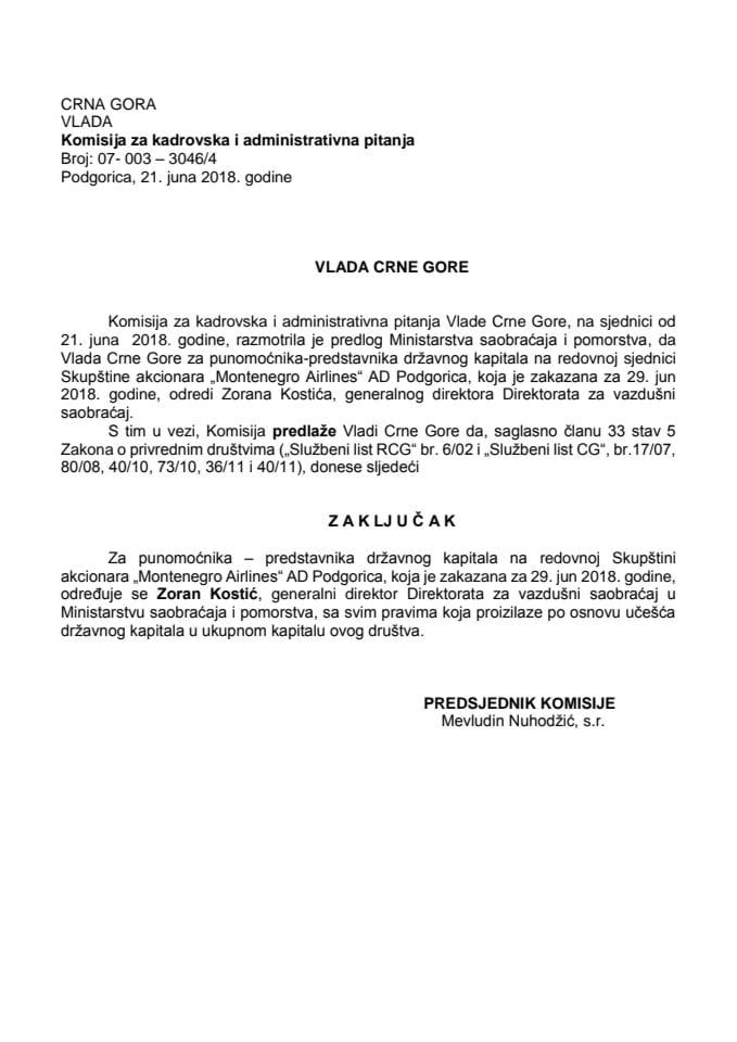 Predlog zaključka o određivanju punomoćnika – predstavnika državnog kapitala na redovnoj Skupštini akcionara "Montenegro Airlines" AD Podgorica