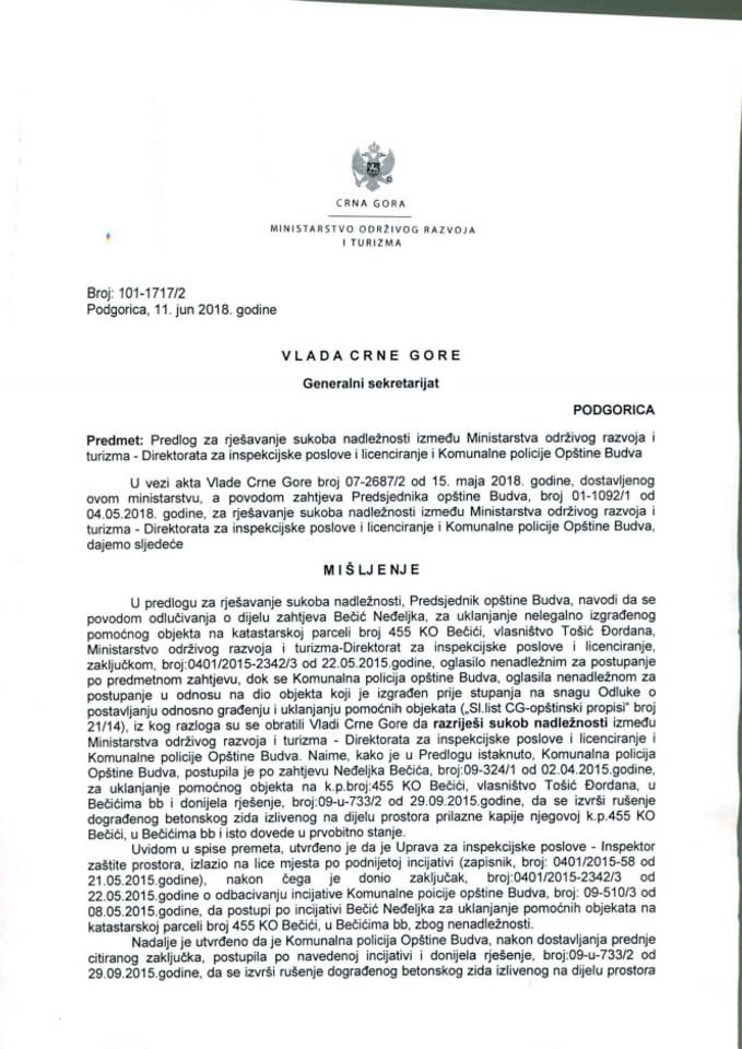 Predlog za rješavanje sukoba nadležnosti, po inicijativi Bečić Neđeljka, između Ministarstva održivog razvoja i turizma - Direktorata za inspekcijske poslove i licenciranje i Komunalne policije Opštin