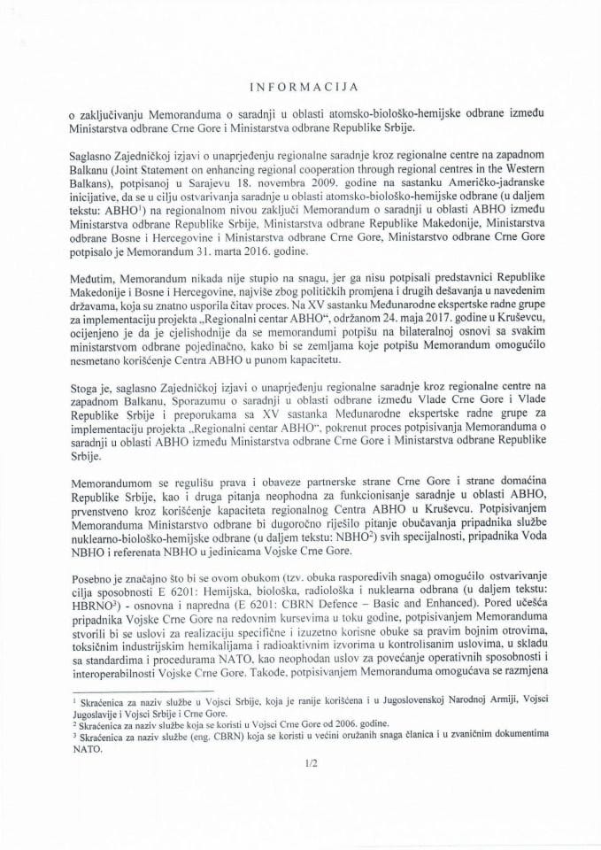 Informacija o zaključivanju Memoranduma o saradnji u oblasti atomsko-biološko-hemijske odbrane između Ministarstva odbrane Crne Gore i Ministarstva odbrane Republike Srbije s Predlogom memoranduma (be