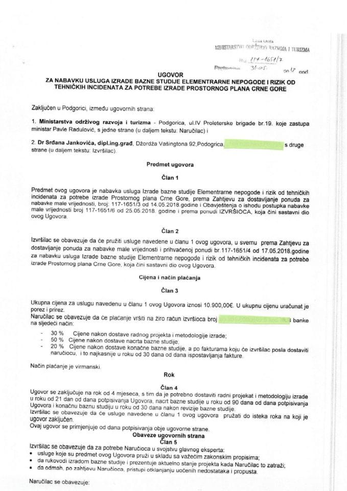 31.05.2018. Ugovor za nabavku usluga izrade bazne studije Elementarne nepogode i rizik od tehničkih incidenata za potrebe izrade Prostornog plana Crne Gore