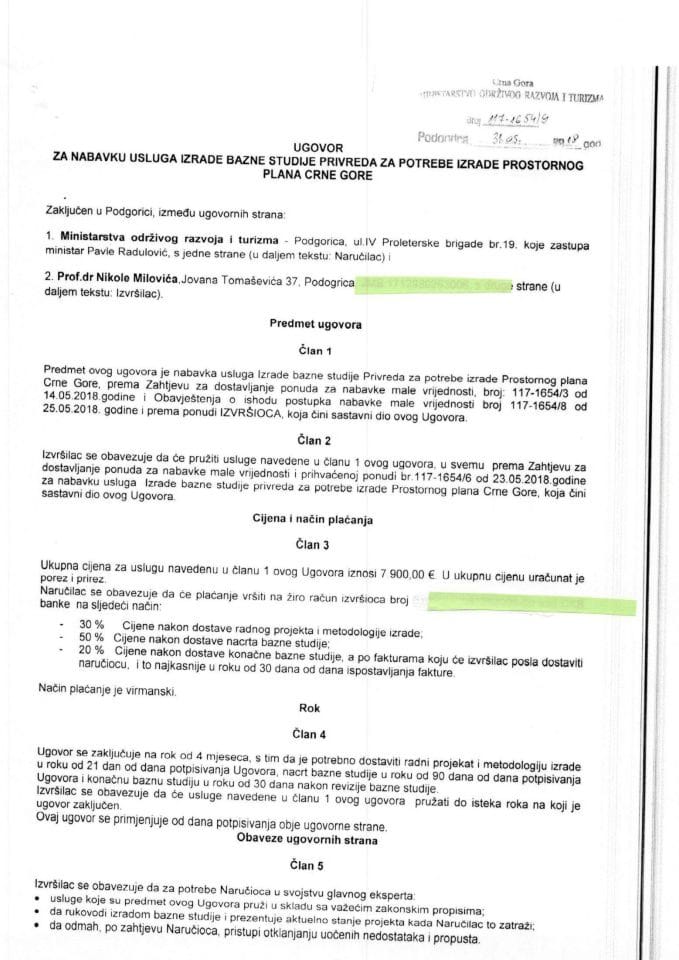 31.05.2018. Ugovor za nabavku usluga izrade bazne studije Privreda za potrebe izrade Prostornog plana Crne Gore