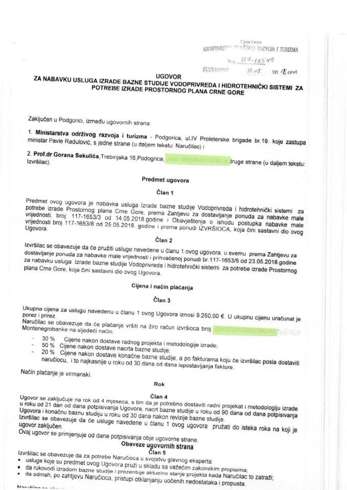 31.05.2018. Ugovor za nabavku usluga izrade bazne studije Vodoprivreda i hidrotehnički sistemi za potrebe izrade Prostornog plana Crne Gore