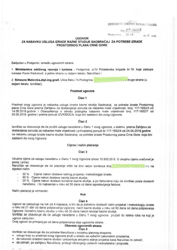 31.05.2018. Ugovor za nabavku usluga izrade bazne studije Saobraćaj za potrebe izrade Prostornog plana Crne Gore