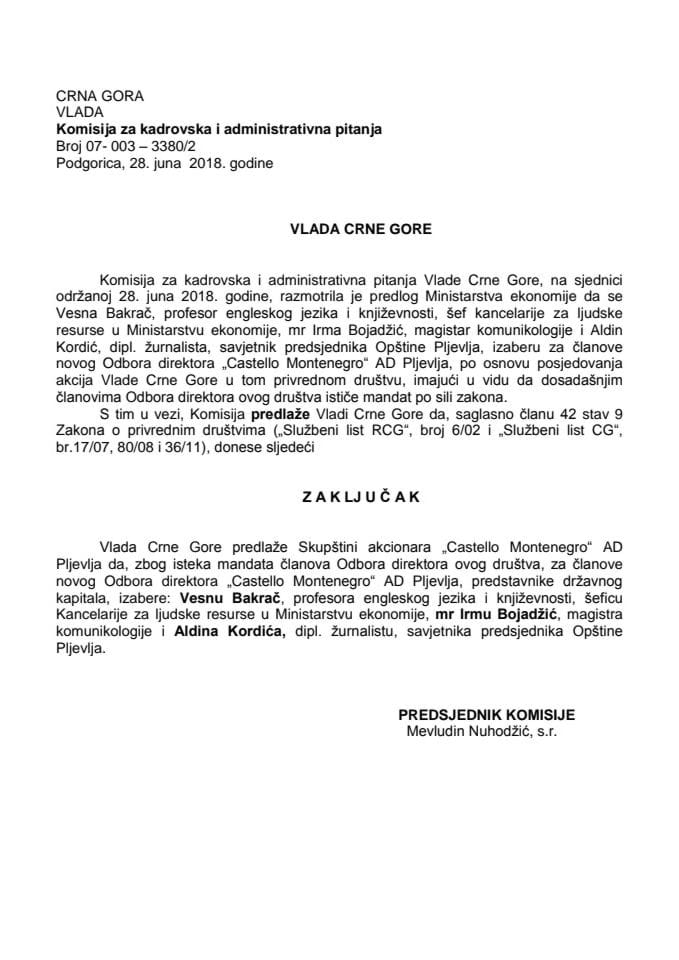 Предлог закључка о избору чланова Одбора директора „Цастелло Монтенегро“ АД Пљевља 