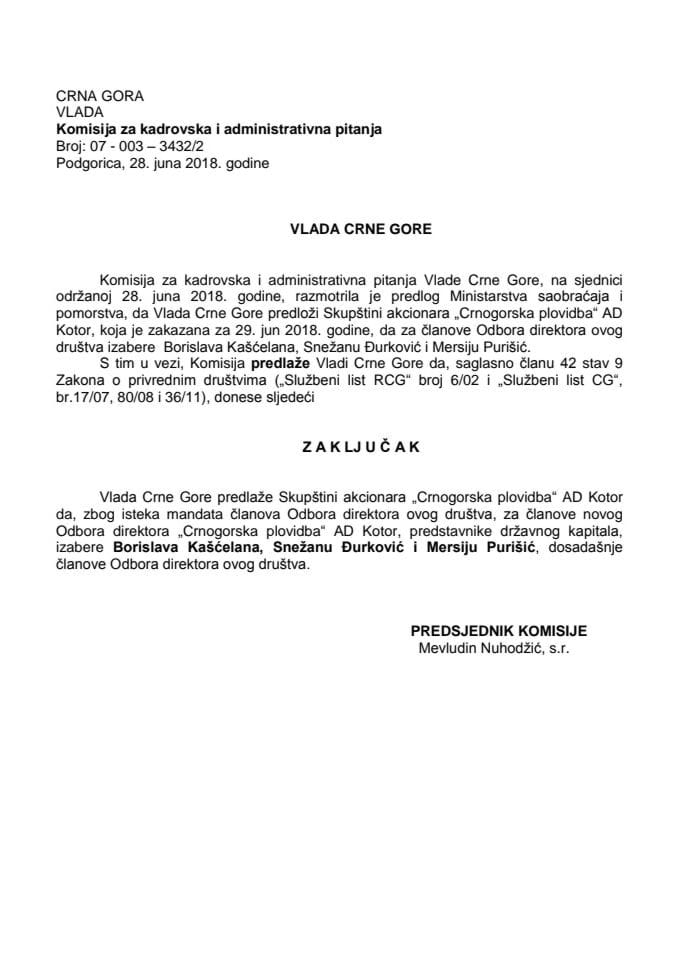 Predlog zaključka o izboru članova Odbora direktora "Crnogorska plovidba" AD Kotor 