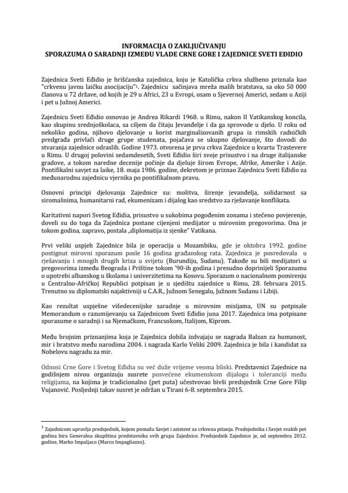 Информација о закључивању Споразума о сарадњи између Владе Црне Горе и Заједнице Свети Еђидио с Предлогом споразума (без расправе)