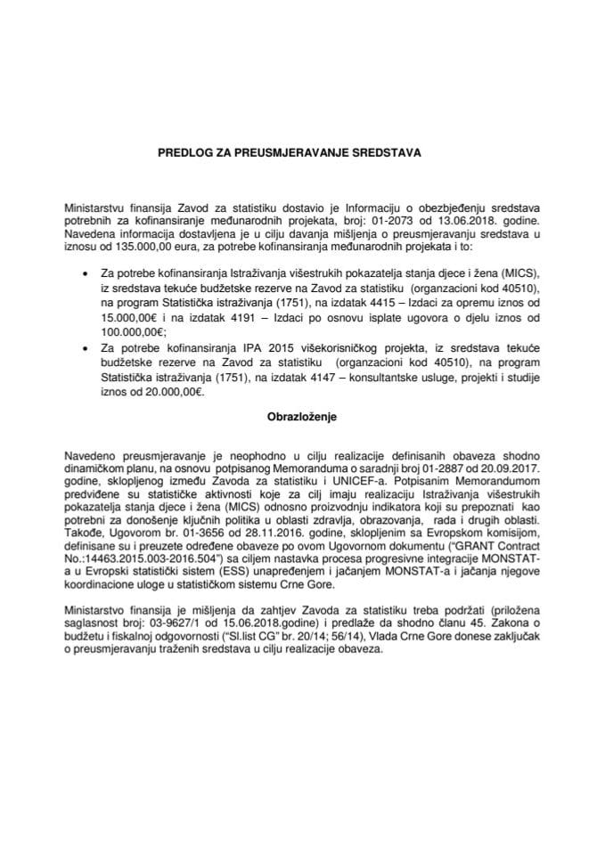 Predlog za preusmjerenje sredstava iz Tekuće budžetske rezerve na Zavod za statistiku Crne Gore (bez rasprave)