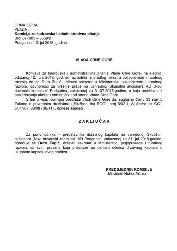Predlog zaključka o određivanju punomoćnika-predstavnika državnog kapitala na vanrednoj Skupštini akcionara „Novi duvanski kombinat“ AD Podgorica