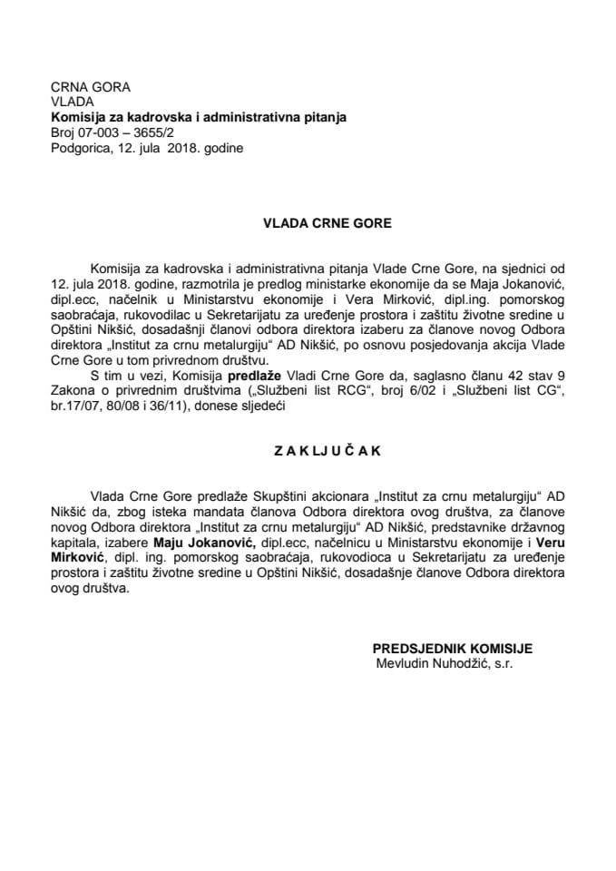Predlog zaključka o izboru članova Odbora direktora „Institut za crnu metalurgiju“ AD Nikšić