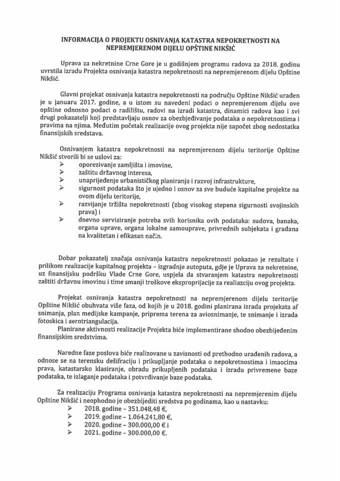 Информација о пројекту оснивања катастра непокретности на непремјереном дијелу Општине Никшић (без расправе) 