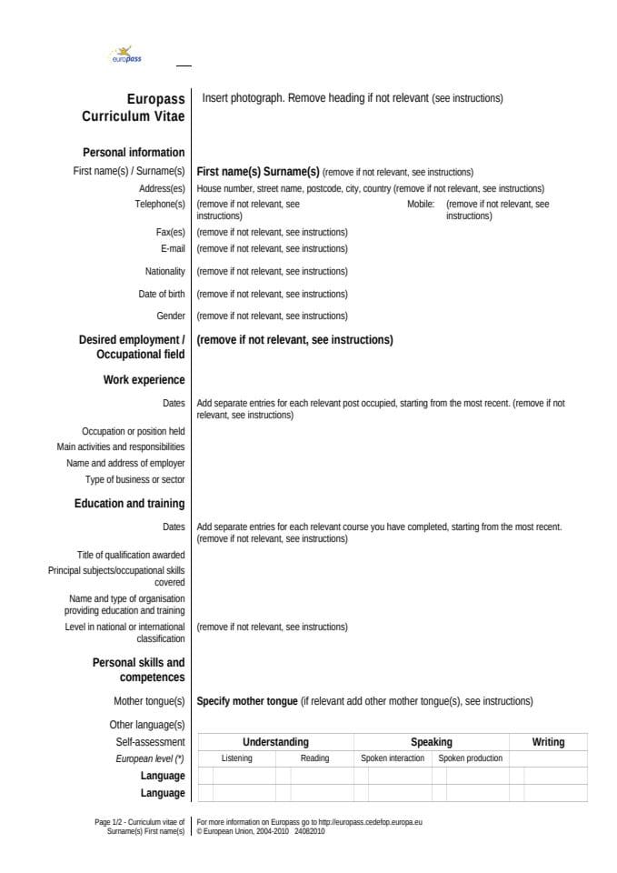 Europass CV template