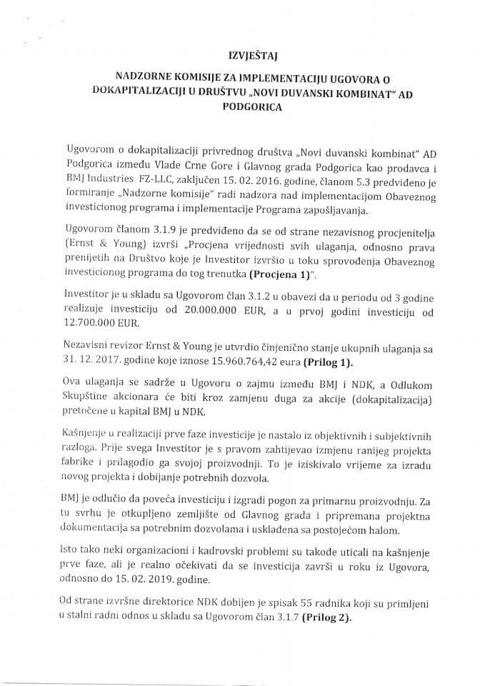 Izvještaj Nadzorne komisije za implementaciju Ugovora o dokapitalizaciji u društvu "Novi duvanski kombinat" AD – Podgorica